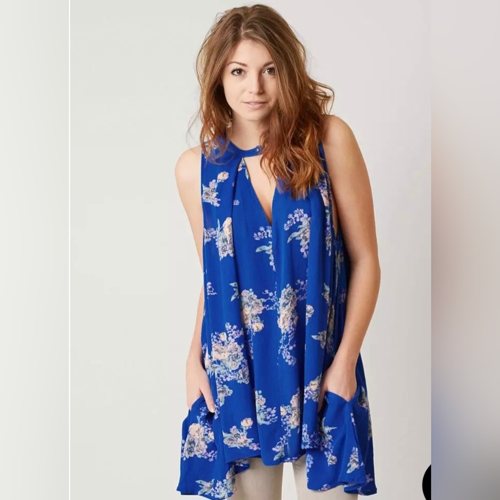 Free People Women's Vivid Blue Tree Swing Dress Mini Dress Tunic Size Large - Picture 1 of 8